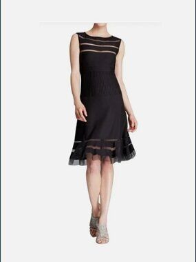 Tadashi Shoji Black Mesh Stripe Fit And Flare Jersey Dress Sz L